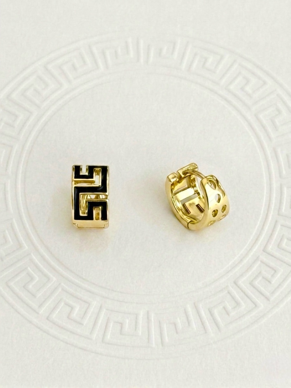 14K Gold Plated Black Enamel Greek Key Huggie Hoop Earrings | Meander Design - Picture 4 of 10
